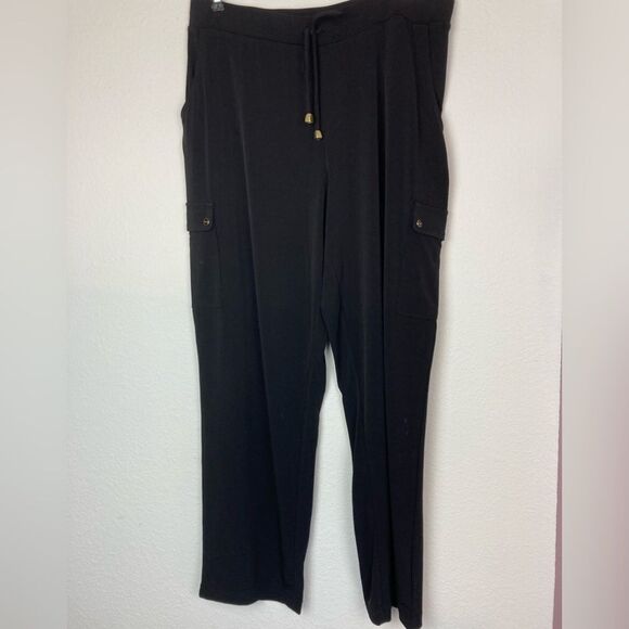 Susan Graver stretchy pull on trousers cargo pockets, elastic drawstring waist - Picture 1 of 12